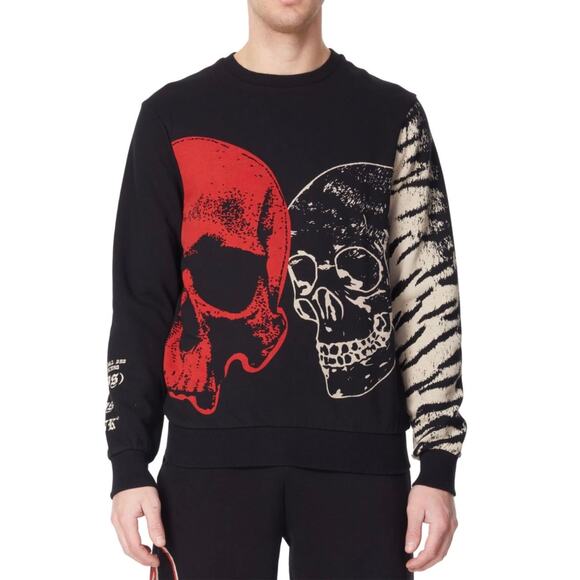 ELEVEN PARIS Graphic Crew Neck Sweatshirt Mens Small Black Skulls Edgy Goth Cozy - Picture 1 of 13